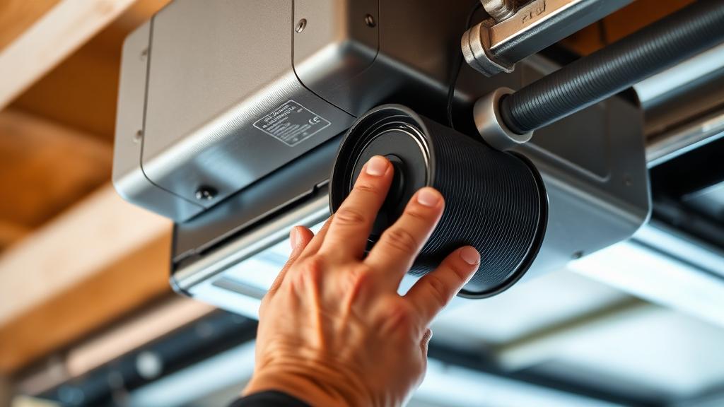 Technician inspecting garage door belt drive opener mechanism during professional service