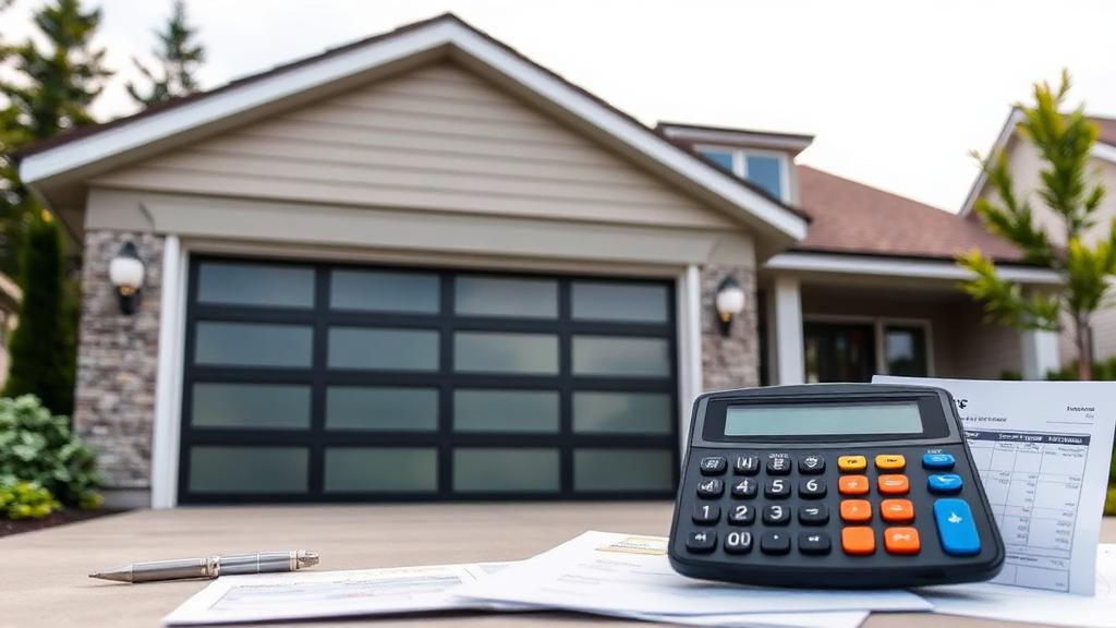 Modern fiberglass garage door on suburban home with calculator and cost estimate papers showing home improvement budgeting