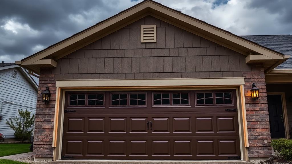Residential garage door with reinforced weather stripping prepared for storm season with dark cloudy sky