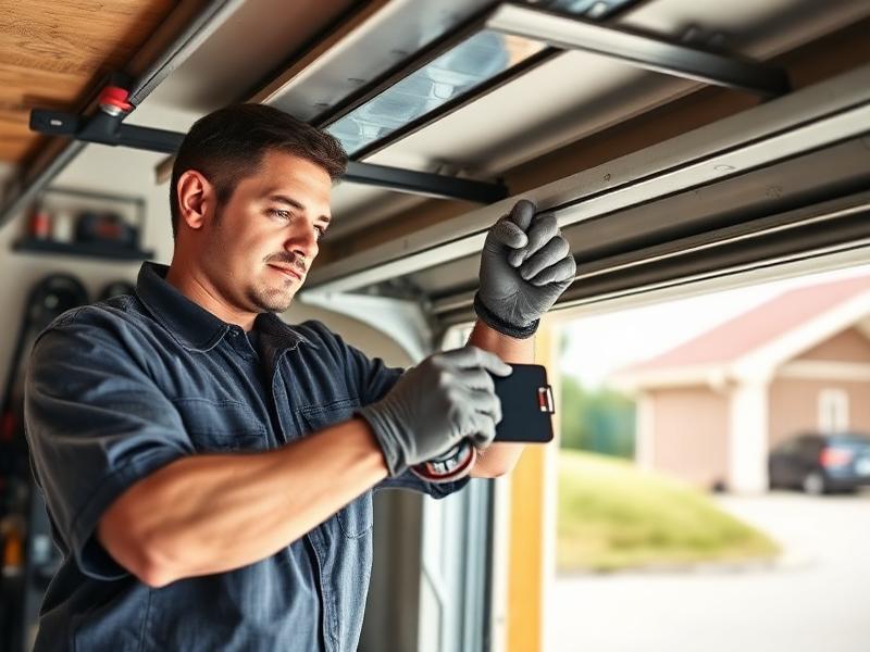 Professional garage door technician performing maintenance service