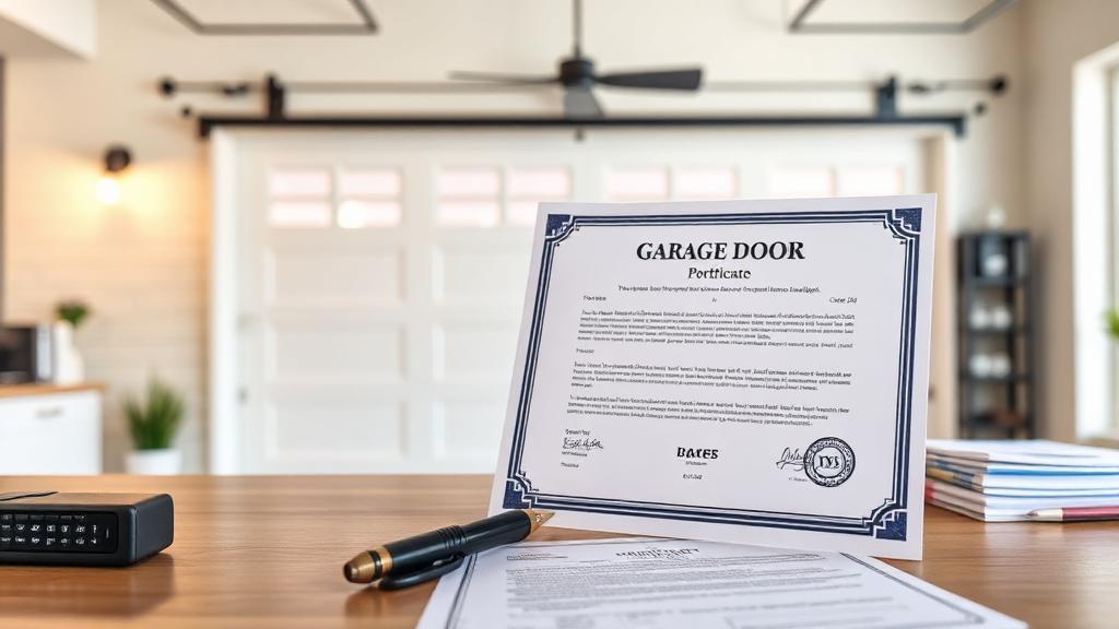 Garage door warranty certificate document on desk with new garage door installation visible in background